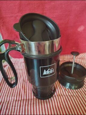 REI Insulated Stainless Travel Coffee Mug with French Press Insert - Dark Green